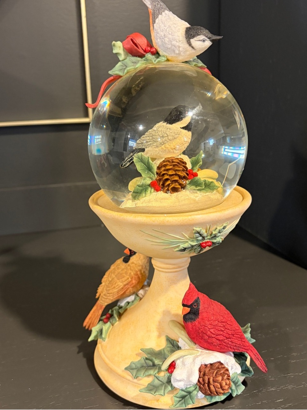 Lenox Winter Greetings Bird Bath Musical Snow Globe Joy To The World 12" VIDEO!